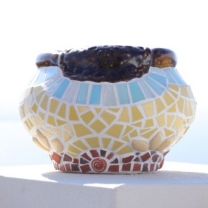 Mosaic Vase with Glazed Rim and Yellow Accents – Handbuilt Collection