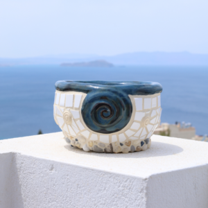 Blue-Glazed Mosaic Vase with Handmade Tiles and Pebble Base – Handbuilt Collection