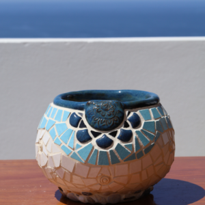 Blue-Glazed Rim Mosaic Mosaic Vase – Handbuilt Collection