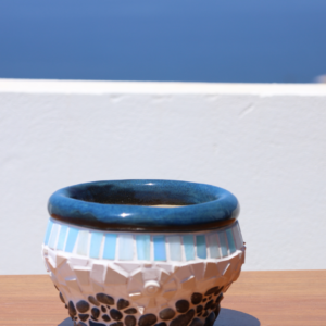 Blue-Glazed Rim Mosaic Vase with Pebble Base – Handbuilt Collection